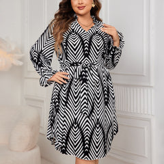 Plus Size V-Neck Printed Dress – Tied High Waist with Long Sleeves for Women (F00290025)