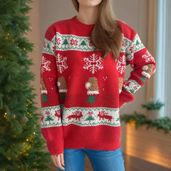 Christmas Knitted Sweater – Round Neck Loose Fit Pullover with Jacquard Design (F00291438)