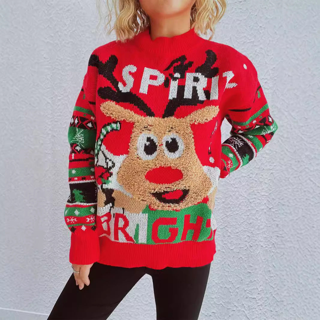 Christmas Elk Jacquard Sweater – Loose Fit Knitted Pullover for Women (F00287936)