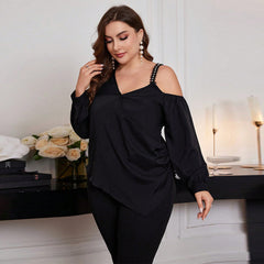 Plus Size Asymmetric Off-Shoulder Blouse – Elegant Loose T-Shirt for Autumn and Winter (F00288442)