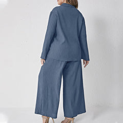 Plus Size Two-Piece Set – Pleated Shirt and High-Waist Trousers for Spring and Autumn (F00278028)