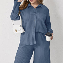 Plus Size Two-Piece Set – Pleated Shirt and High-Waist Trousers for Spring and Autumn (F00278028)