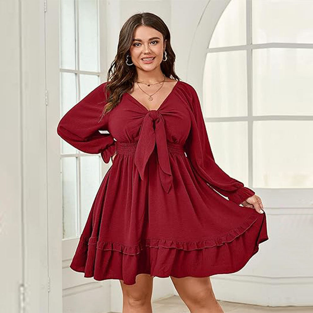 Plus Size Wine Red Midi Dress – Elegant Intellectual Style for Fall and Winter (F00286428)