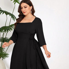 Plus Size Square Collar Midi Dress – Elegant Age-Reducing Design for Autumn and Winter (F00287472)