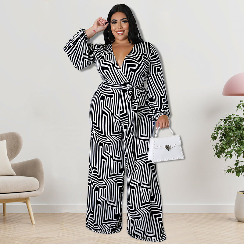 Plus Size One-Piece Outfit with Long Sleeves and Straight-Leg Pants (F00248470)