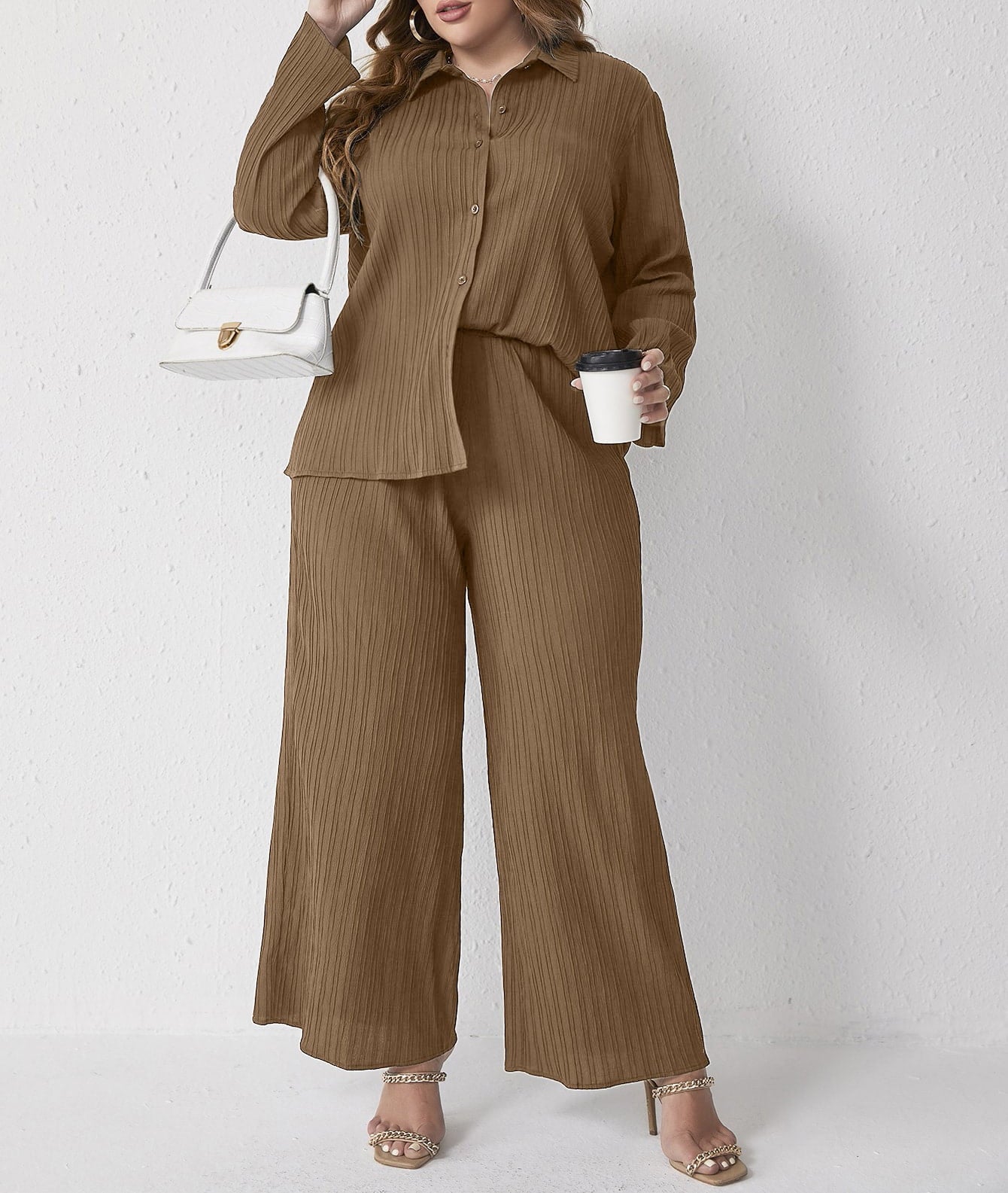 Plus Size Two-Piece Set – Pleated Shirt and High-Waist Trousers for Spring and Autumn (F00278028)