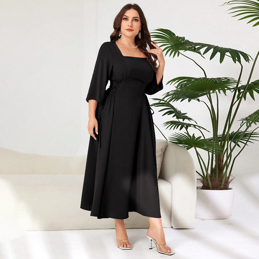 Plus Size Square Collar Midi Dress – Elegant Age-Reducing Design for Autumn and Winter (F00287472)