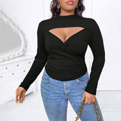 Plus Size Deep V-Neck Pleated Long Sleeve Top – Sexy Slimming T-Shirt for Autumn and Winter (F00287466)