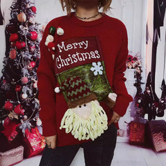 Thick Christmas Sweater – Red Loose Fit with Stockings and Santa Claus Pocket Decoration (F00287959)