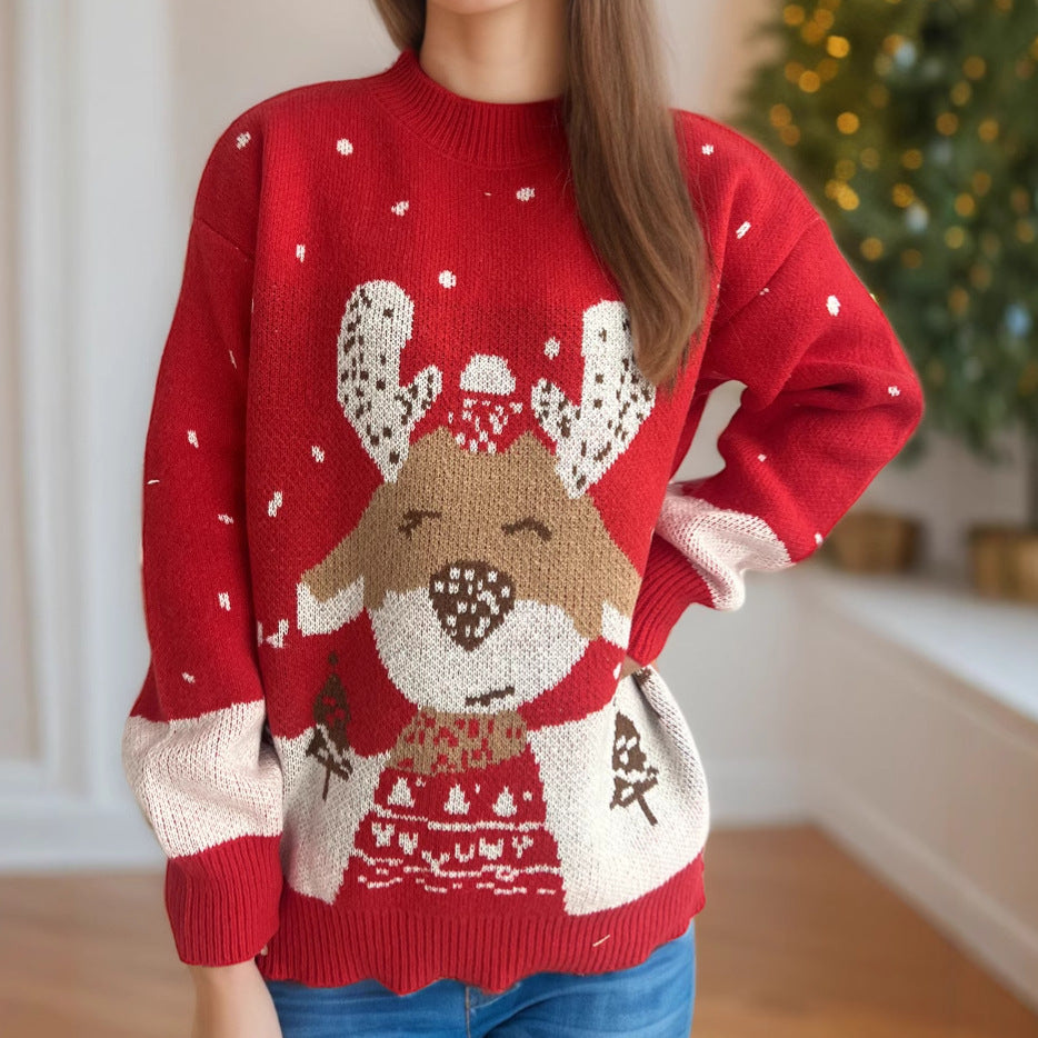 Christmas Knitwear Pullover – Loose Round Neck Sweater with Cartoon Deer for Women (F00293548)