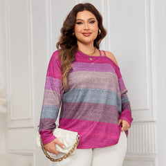 Plus Size Off-Shoulder Long Sleeve Shirt – Diagonal Collar Color-Block Top (F00290021)