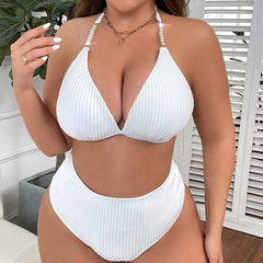 Plus Size High-Waist Bikini – Sexy Solid Color Split Swimsuit for Women (F00256327)