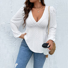 Plus Size Deep V-Neck Long Sleeve Top – Sexy and Sweet Office Style for Autumn and Winter (F00288443)