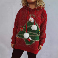 Christmas Hooded Sweater – Loose Knitted Top with Bright Silk and Tree Design (F00286519)