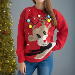 Cartoon Deer Christmas Sweater – Thick Knitted Pullover for Women (F00293550)