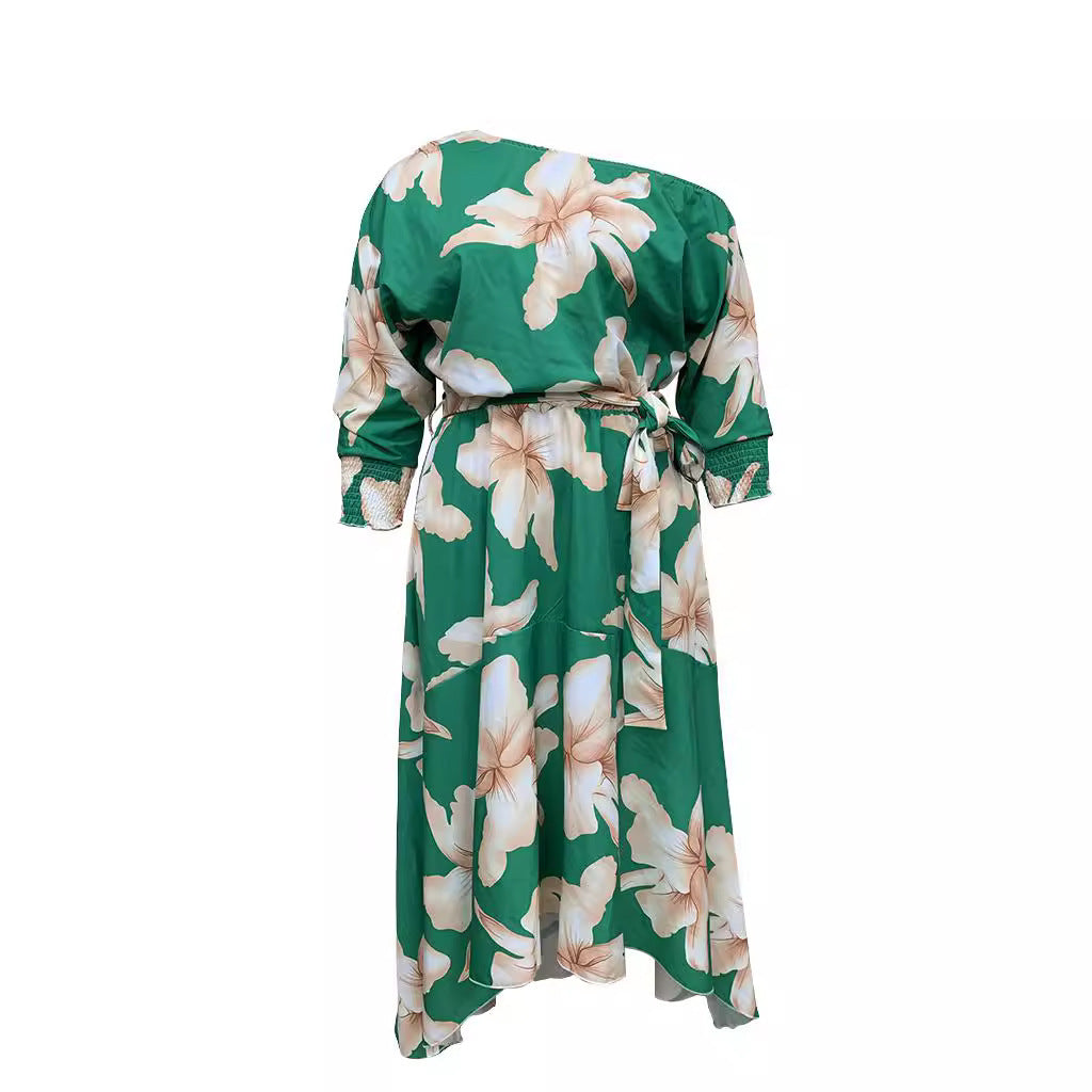 Plus Size Spring Summer Women Printed off Shoulder Elegant Dress (F00294196)