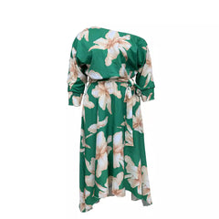 Plus Size Spring Summer Women Printed off Shoulder Elegant Dress (F00294196)