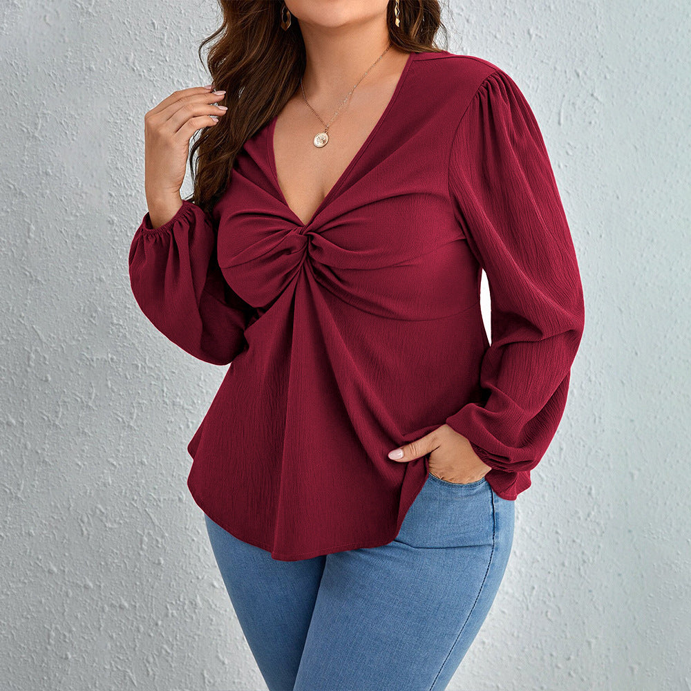 Plus Size Wine Red V-Neck T-Shirt – Elegant and Youthful Design for Autumn and Winter (F00285190)