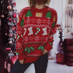 Christmas Snowflake Sweater – Loose Round Neck Long Sleeve Design for Women (F00287956)