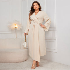 Plus Size Long Sleeve Asymmetric Dress – Slim Waist Control Design (F00290524)