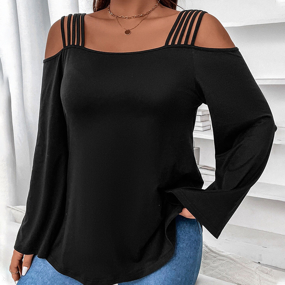 Plus Size Solid Color Cutout Sling Top – Loose Fit and Slimming for Autumn and Winter (F00288445)