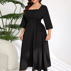 Plus Size Square Collar Midi Dress – Elegant Age-Reducing Design for Autumn and Winter (F00287472)