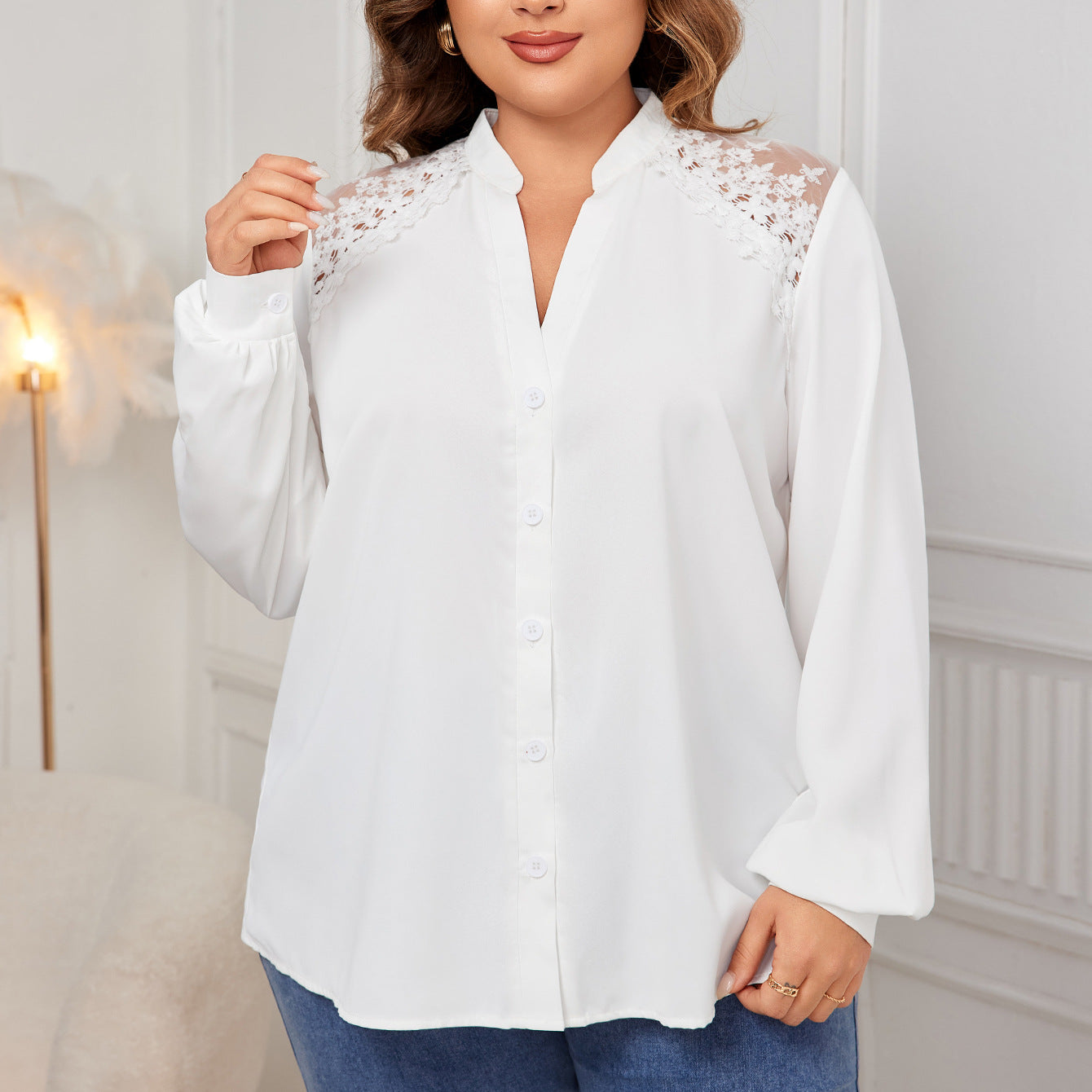 V-Neck Lace Stitching Shirt – Elegant White Long Sleeve Top for Autumn (F00282104)