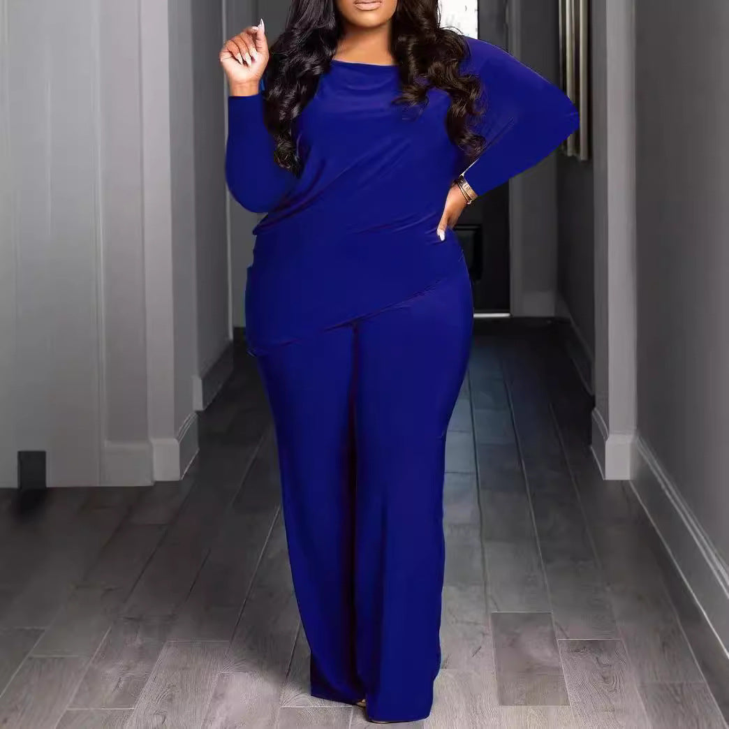 Plus Size Asymmetric Two-Piece Set – Casual and Comfortable Solid Color Outfit (F00286886)