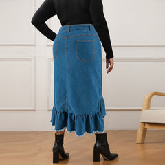 Plus Size Denim Long Skirt with Tassels – Stylish and Flattering Fit (F00271196)