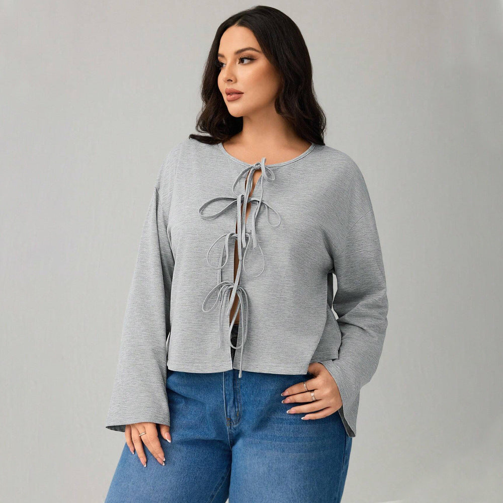 Plus Size Lace-Up Cardigan T-Shirt – Sexy Loose Fit for Autumn and Winter (F00283327)