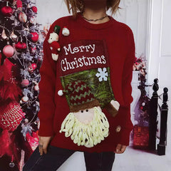 Thick Christmas Sweater – Red Loose Fit with Stockings and Santa Claus Pocket Decoration (F00287959)