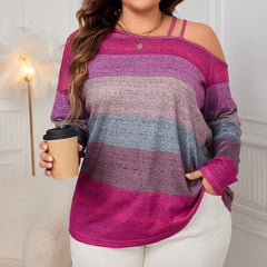 Plus Size Off-Shoulder Long Sleeve Shirt – Diagonal Collar Color-Block Top (F00290021)