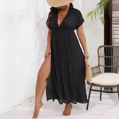 Plus Size Beach Cover-Up Dress – Deep V-Neck Backless Design with Split Waist (F00248799)