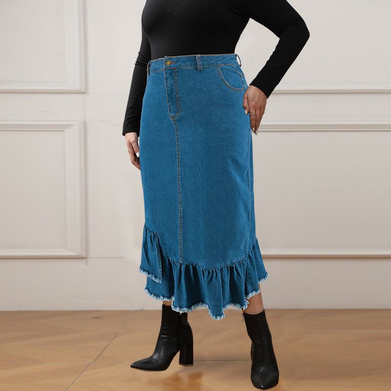 Plus Size Denim Long Skirt with Tassels – Stylish and Flattering Fit (F00271196)