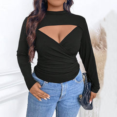 Plus Size Deep V-Neck Pleated Long Sleeve Top – Sexy Slimming T-Shirt for Autumn and Winter (F00287466)