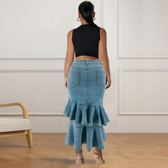 Plus Size Denim Mid-Length Skirt – Flattering Fit for Women (F00271198)