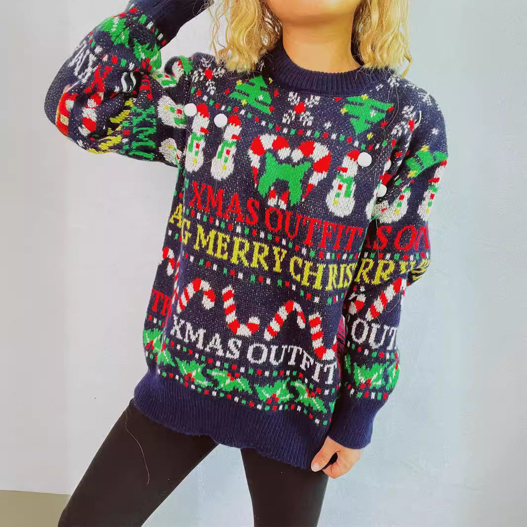 Loose Fit Christmas Sweater – Year-Themed Jacquard Knitted Pullover with Round Neck (F00287949)