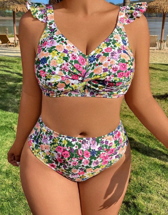 Plus Size Floral Bikini – Sexy Split Swimsuit for Women (F00273042)