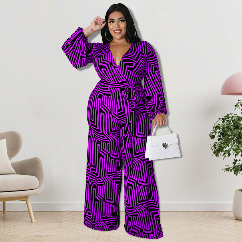 Plus Size One-Piece Outfit with Long Sleeves and Straight-Leg Pants (F00248470)