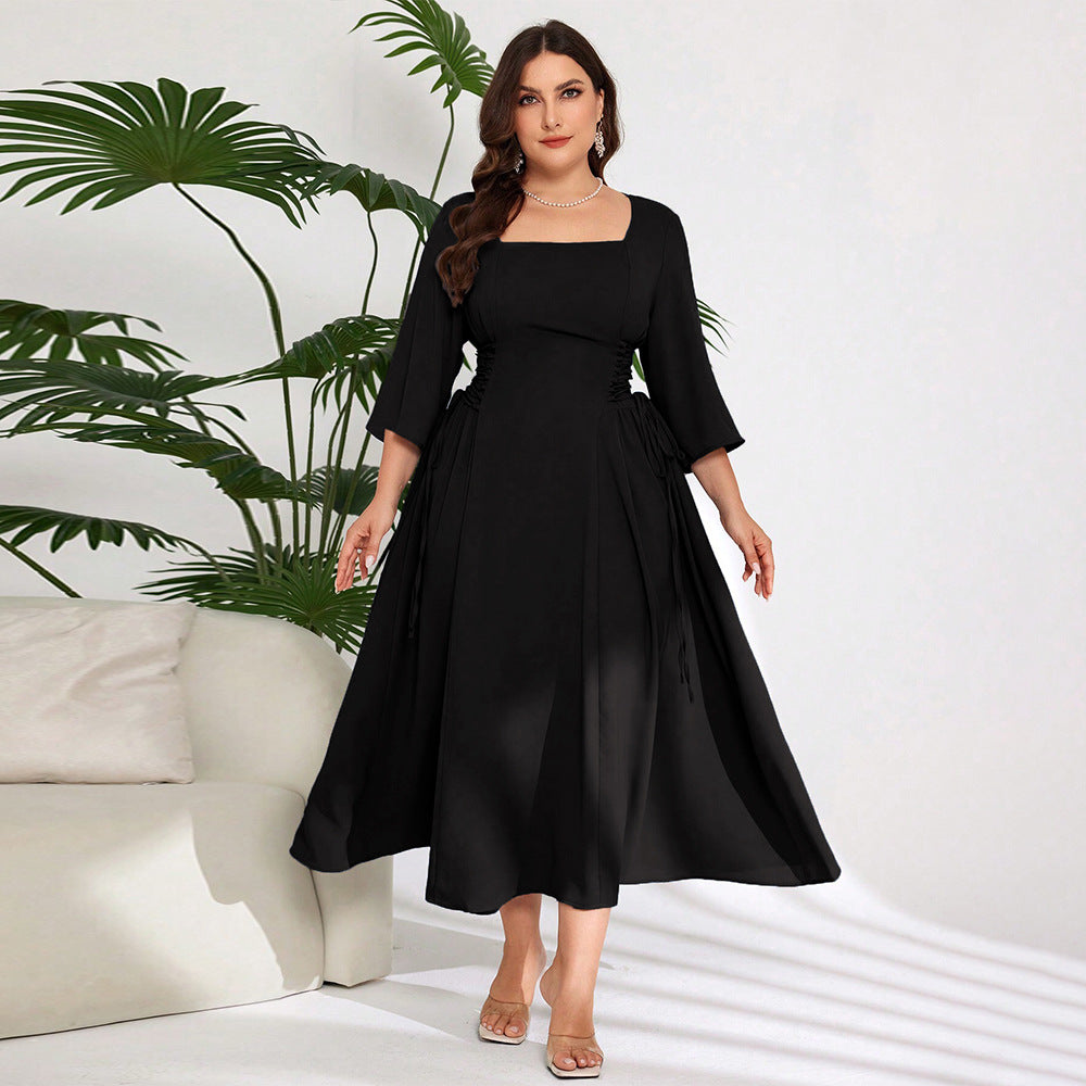 Plus Size Square Collar Midi Dress – Elegant Age-Reducing Design for Autumn and Winter (F00287472)