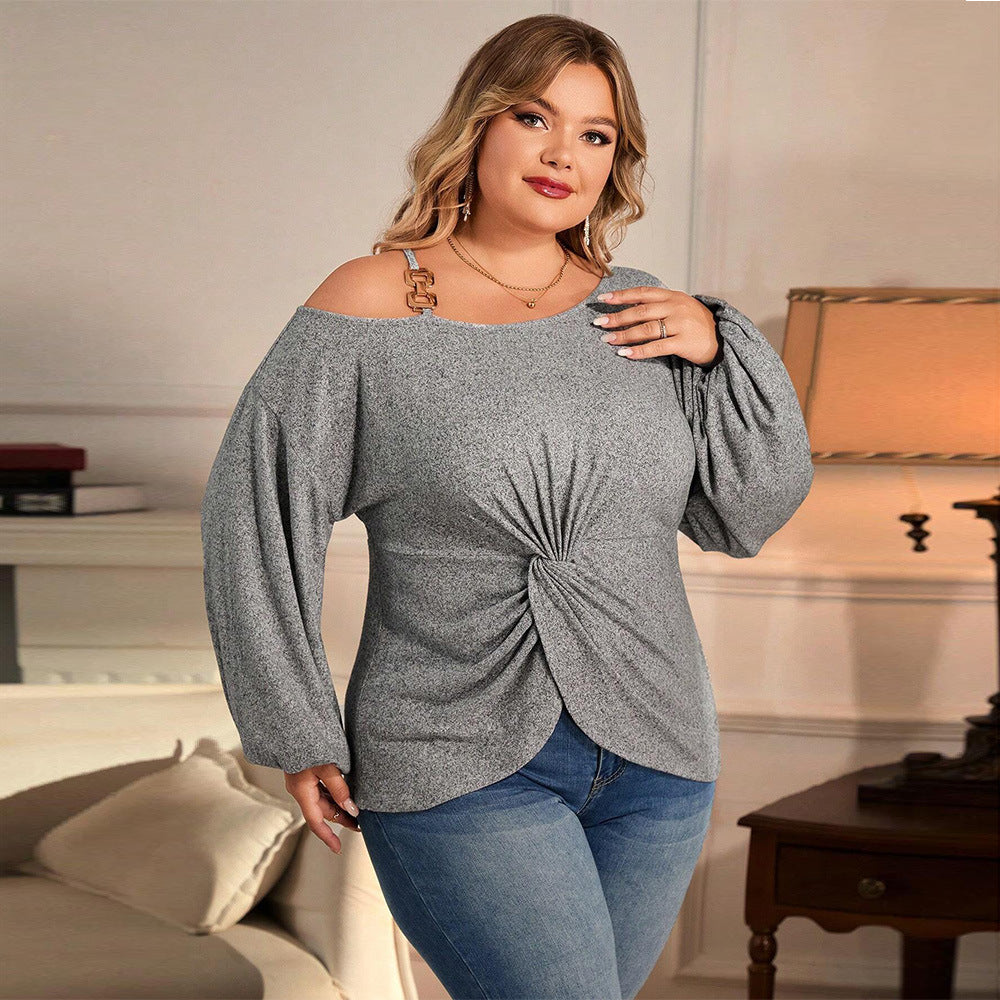 Plus Size Women’s Elegant Diagonal Collar T-Shirt - Slim Fit Autumn Winter Top (F278087)