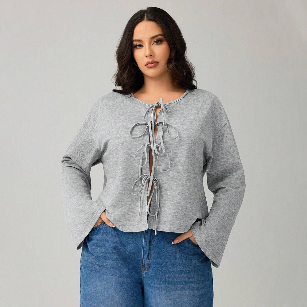 Plus Size Lace-Up Cardigan T-Shirt – Sexy Loose Fit for Autumn and Winter (F00283327)