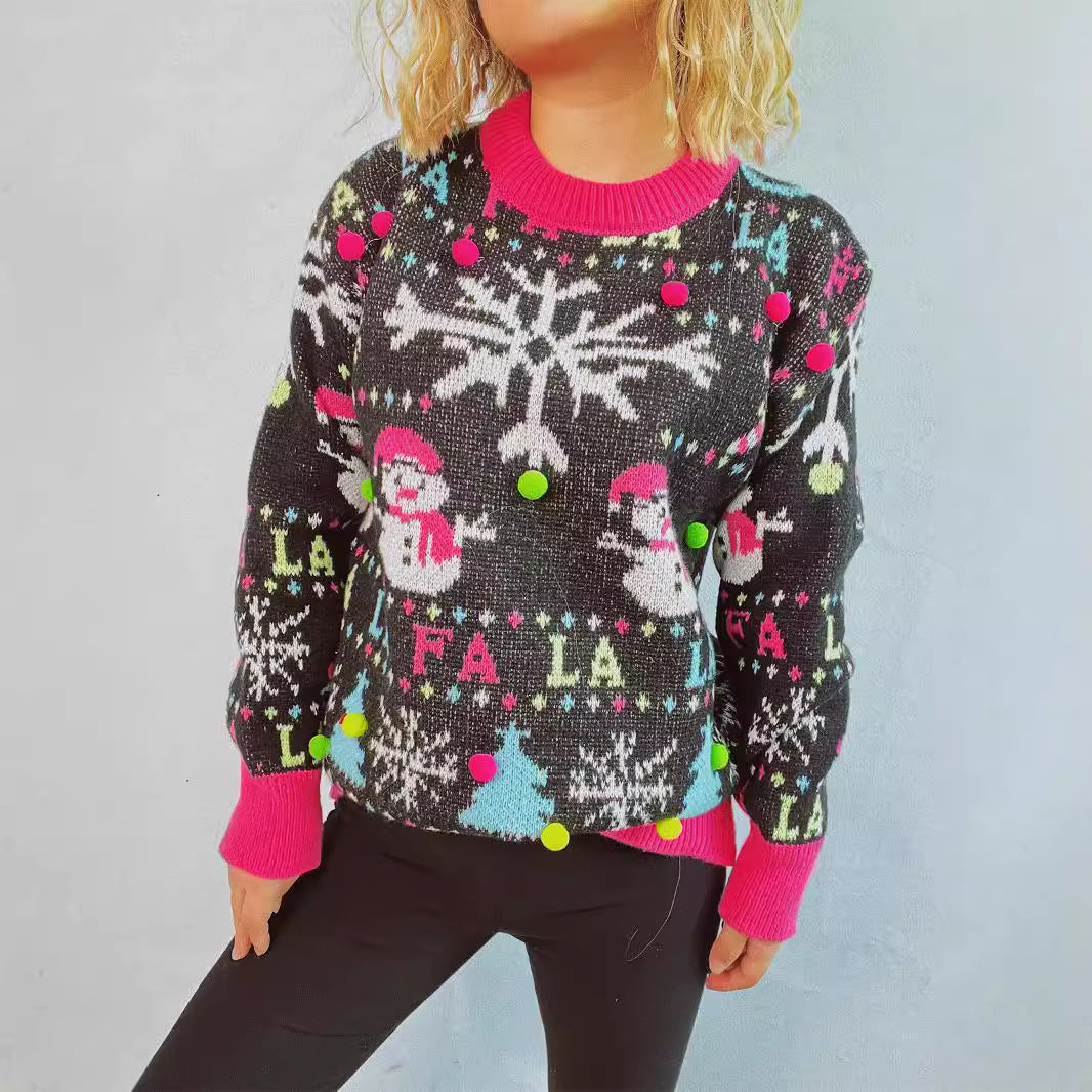 Christmas Sweater with 3D Fur Ball Decoration – Loose Fit Jacquard Pullover (F00287947)