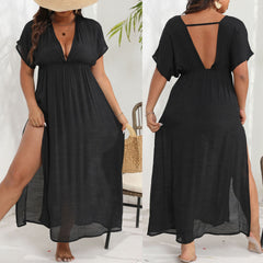 Plus Size Beach Cover-Up Dress – Deep V-Neck Backless Design with Split Waist (F00248799)