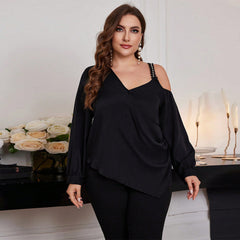 Plus Size Asymmetric Off-Shoulder Blouse – Elegant Loose T-Shirt for Autumn and Winter (F00288442)