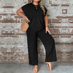 Plus Size Two-Piece Set – Round Neck T-Shirt and Wide-Leg Pants for Casual Style (F00246520)