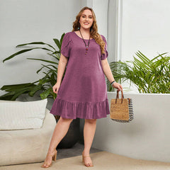 Plus Size Rose Red Midi Dress – Elegant Loose-Fit Summer Style (F00265363)