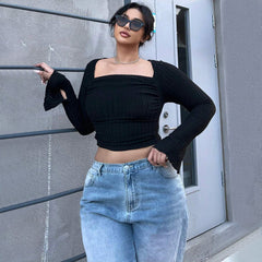 Plus Size Cropped Square Neck T-Shirt – Trendy Long Sleeve Top for Fall and Winter (F00282359)