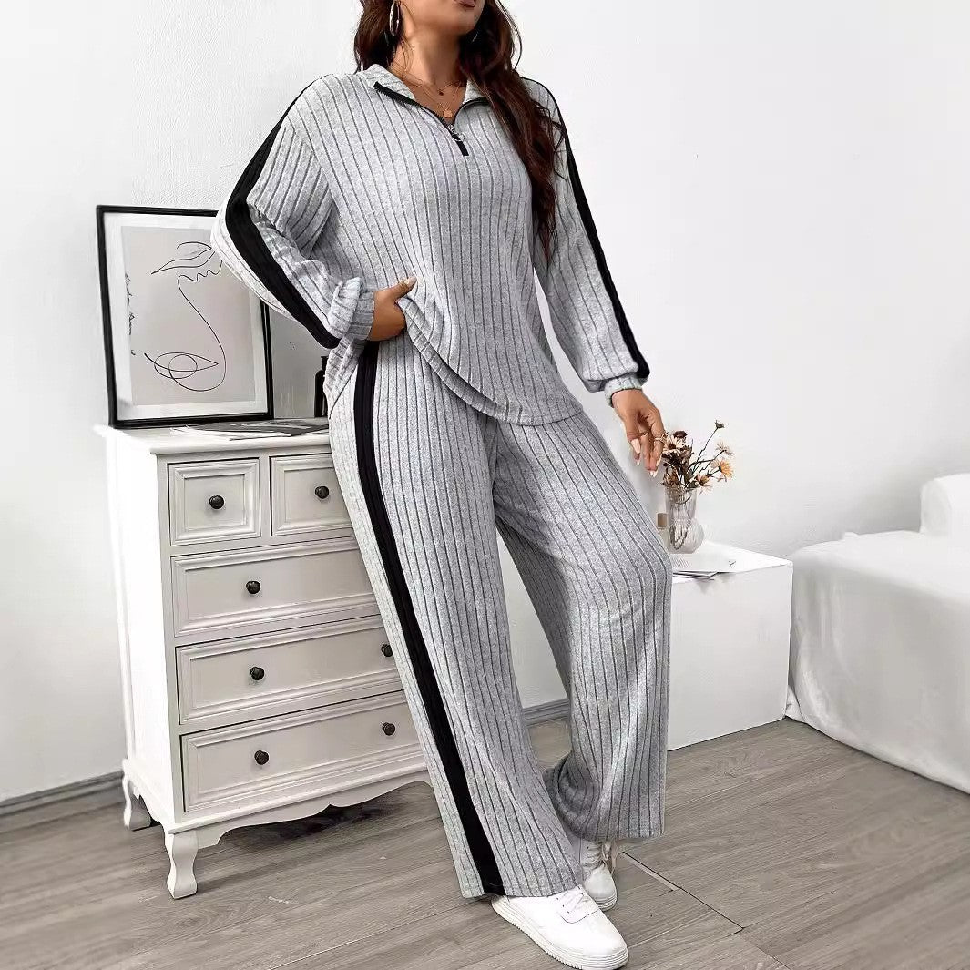 Plus Size Two-Piece Set – Comfortable Contrast Color Suit for Autumn and Winter (F00288444)