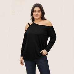 Plus Size One-Shoulder T-Shirt – Trendy Cold Shoulder Design for Autumn and Winter (F00286422)